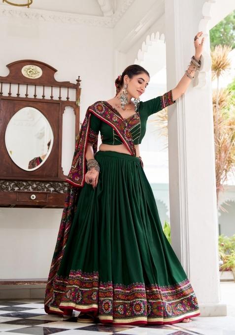 Green Printed Silk Lehenga Set