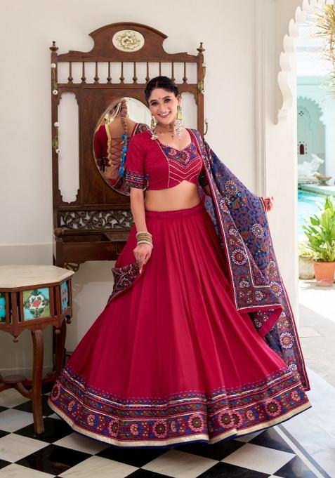 Pink Printed Silk Lehenga Set