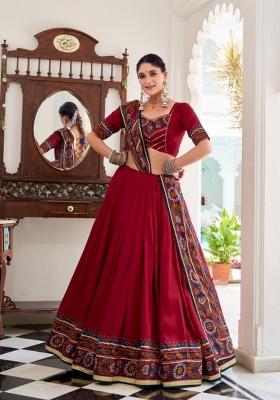 Red Printed Silk Lehenga Set