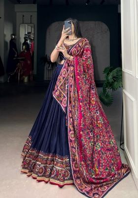 Blue Printed Silk Lehenga Set