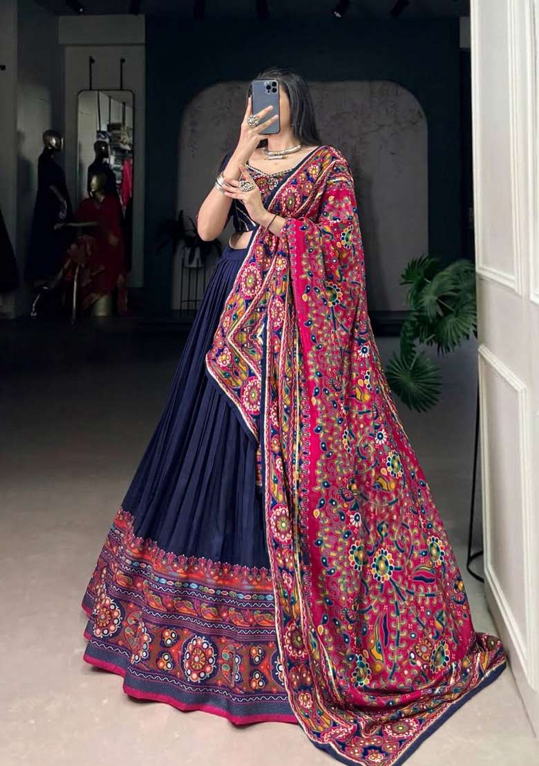 Blue Silk Lehenga Set with Printed for Diwali | Wedding & Festive Wear - Indya