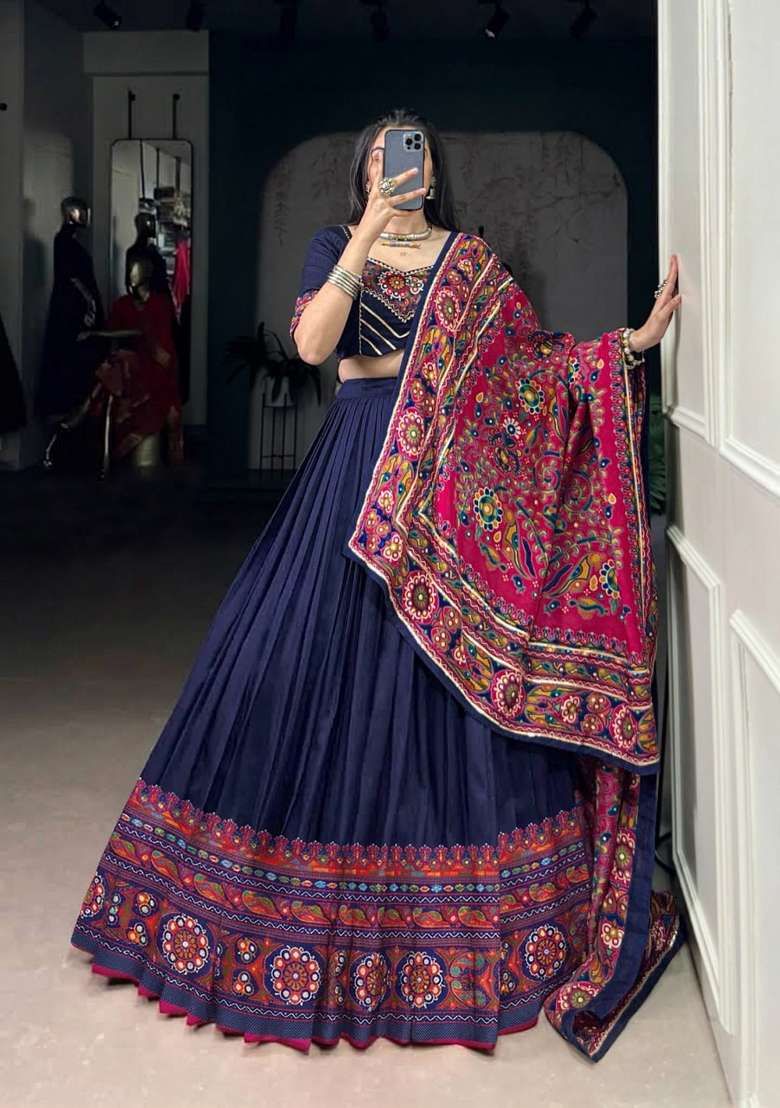 Blue Silk Lehenga Set with Printed for Diwali | Wedding & Festive Wear - Indya