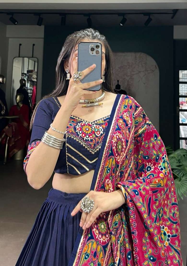 Blue Silk Lehenga Set with Printed for Diwali | Wedding & Festive Wear - Indya