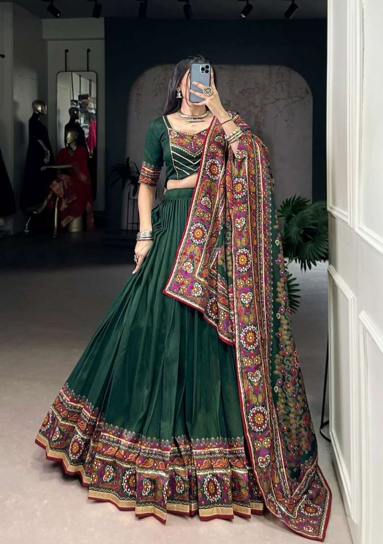 Green Silk Lehenga Set with Printed for Diwali | Wedding & Festive Wear - Indya