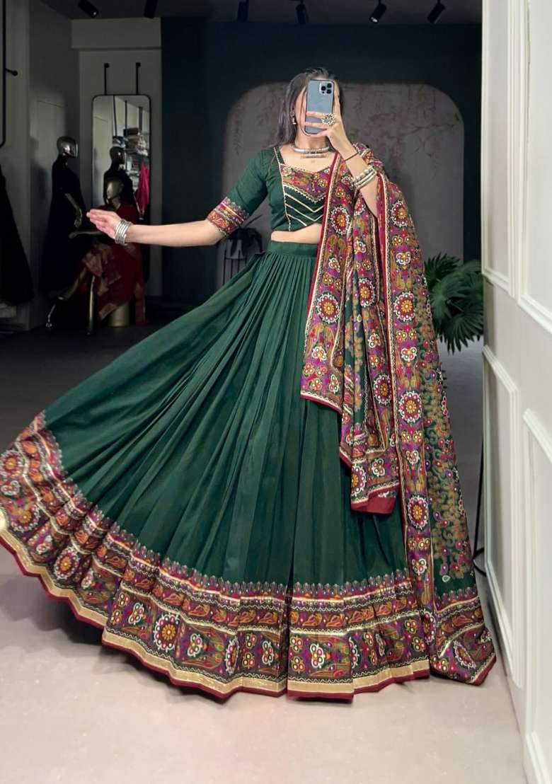 Green Silk Lehenga Set with Printed for Diwali | Wedding & Festive Wear - Indya