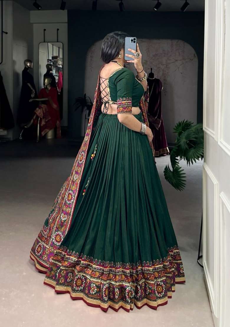 Green Silk Lehenga Set with Printed for Diwali | Wedding & Festive Wear - Indya