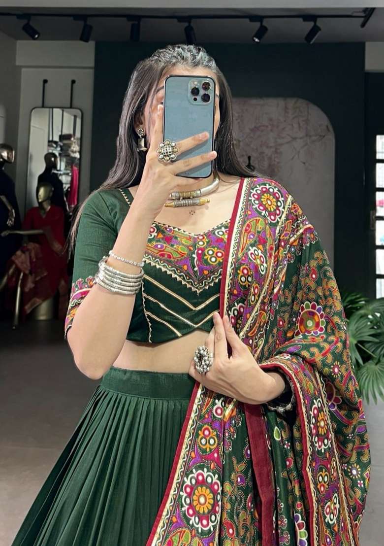 Green Silk Lehenga Set with Printed for Diwali | Wedding & Festive Wear - Indya