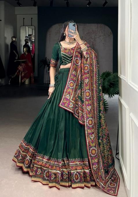 Green Printed Silk Lehenga Set