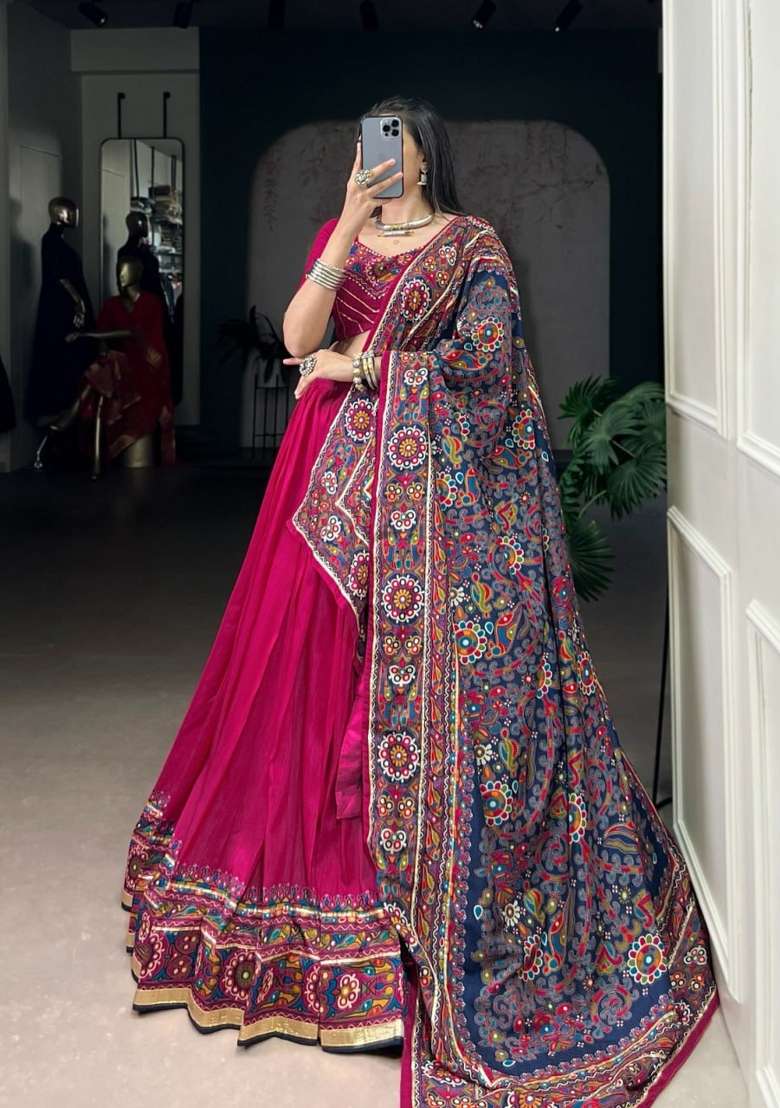 Pink Printed Silk Lehenga Set for Diwali and Festive Wear - Indya