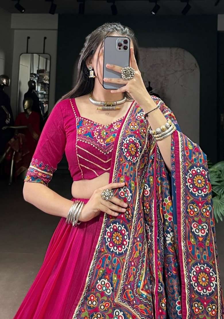 Pink Printed Silk Lehenga Set for Diwali and Festive Wear - Indya