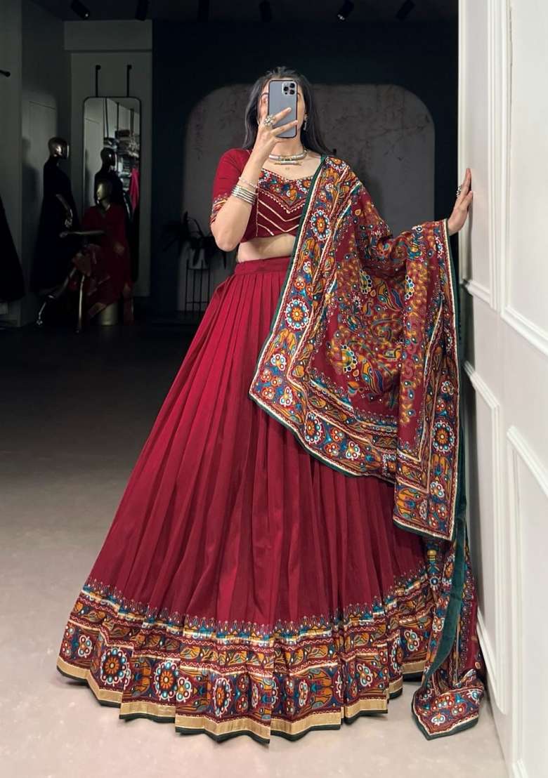 Red Silk Lehenga Set with Printed for Diwali | Wedding & Festive Wear - Indya