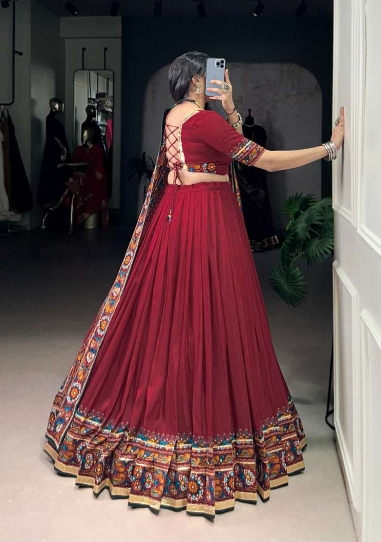 Red Silk Lehenga Set with Printed for Diwali | Wedding & Festive Wear - Indya