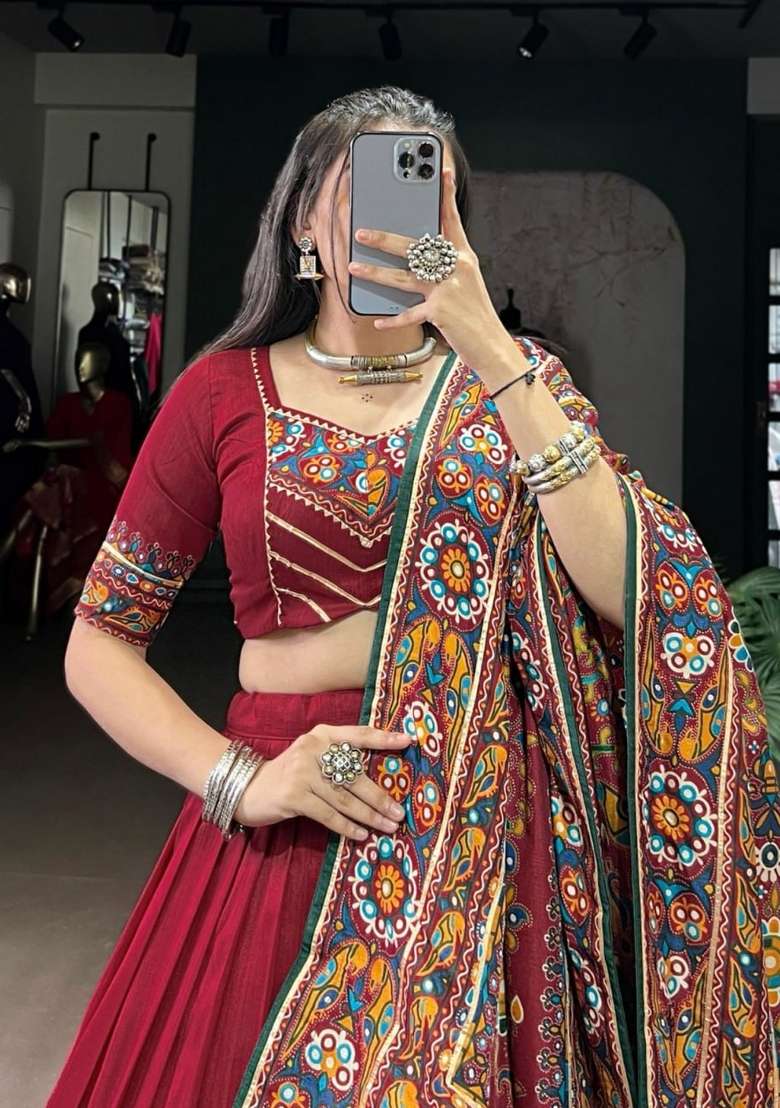 Red Silk Lehenga Set with Printed for Diwali | Wedding & Festive Wear - Indya