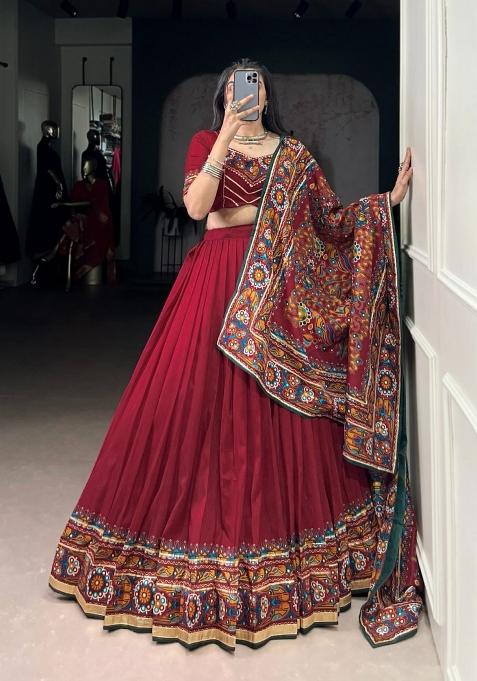 Red Printed Silk Lehenga Set
