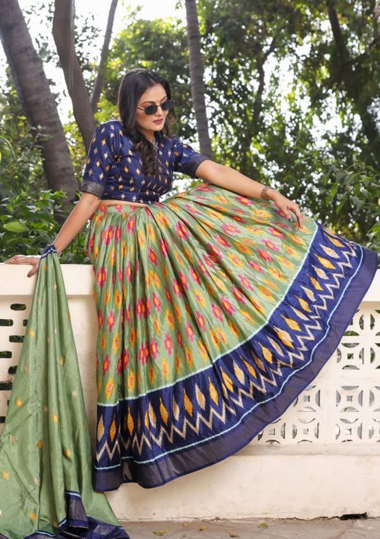 Blue Printed Silk Lehenga Set for Diwali and Festive Wear - Indya
