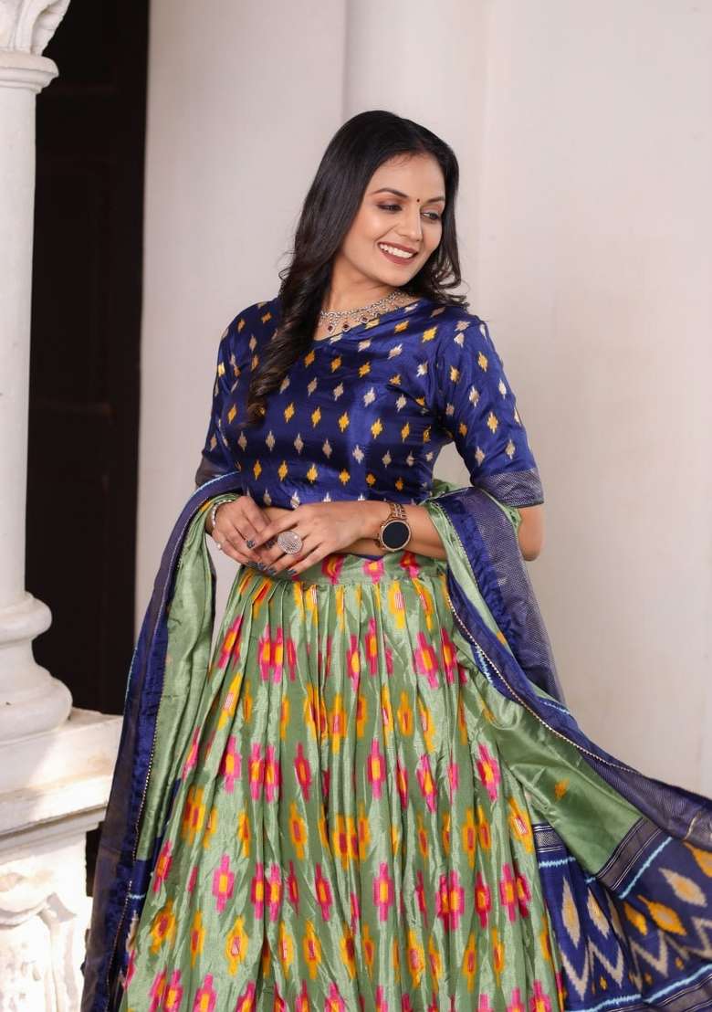 Blue Printed Silk Lehenga Set for Diwali and Festive Wear - Indya