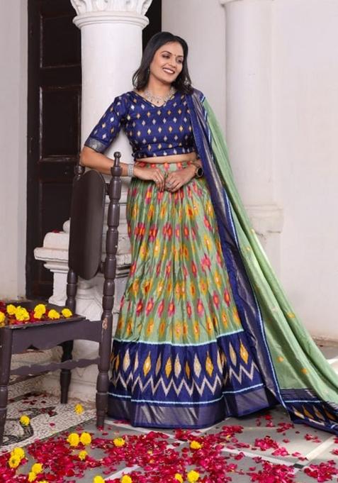Blue Printed Silk Lehenga Set
