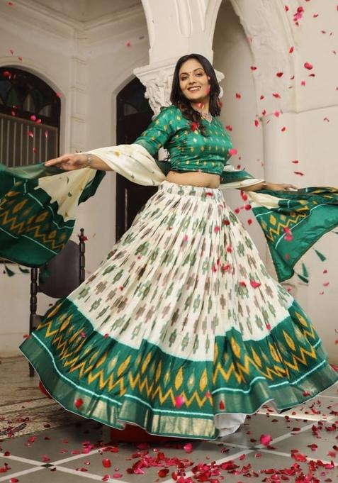Green Printed Silk Lehenga Set