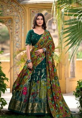 Green Printed Silk Lehenga Set