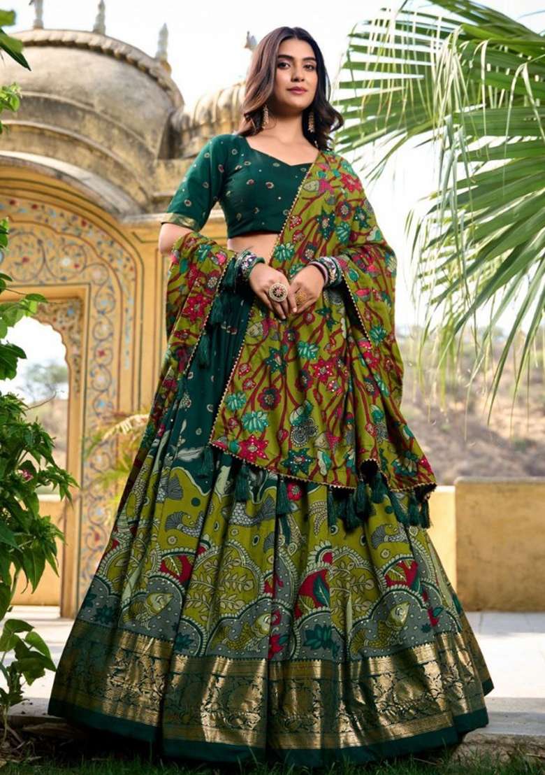 Green Silk Lehenga Set with Printed for Diwali | Wedding & Festive Wear - Indya