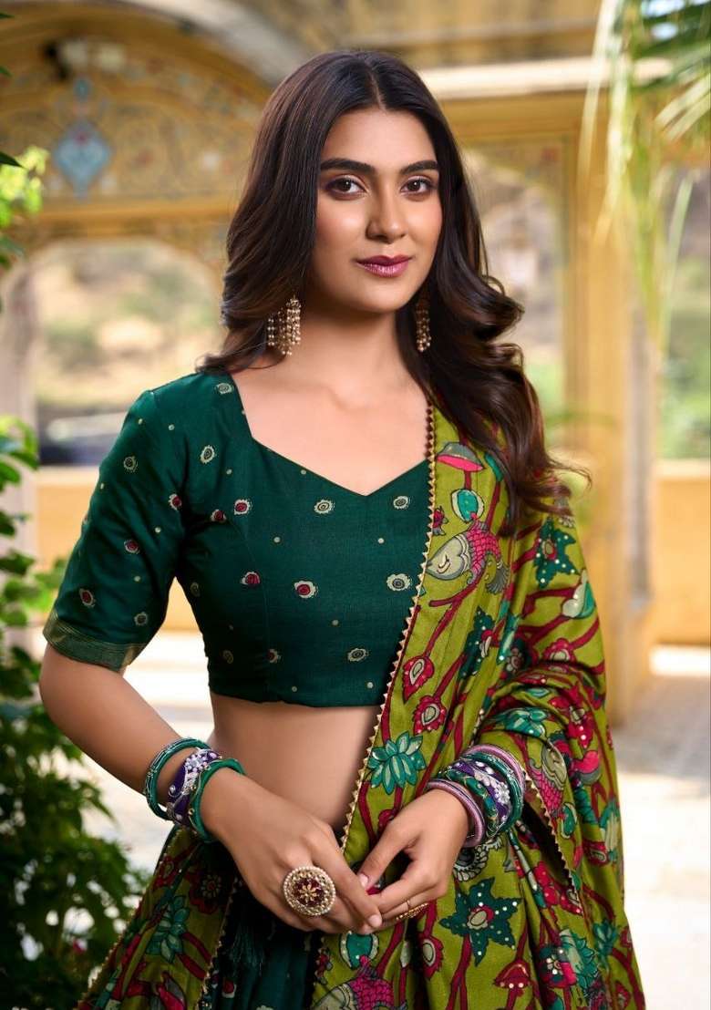Green Silk Lehenga Set with Printed for Diwali | Wedding & Festive Wear - Indya