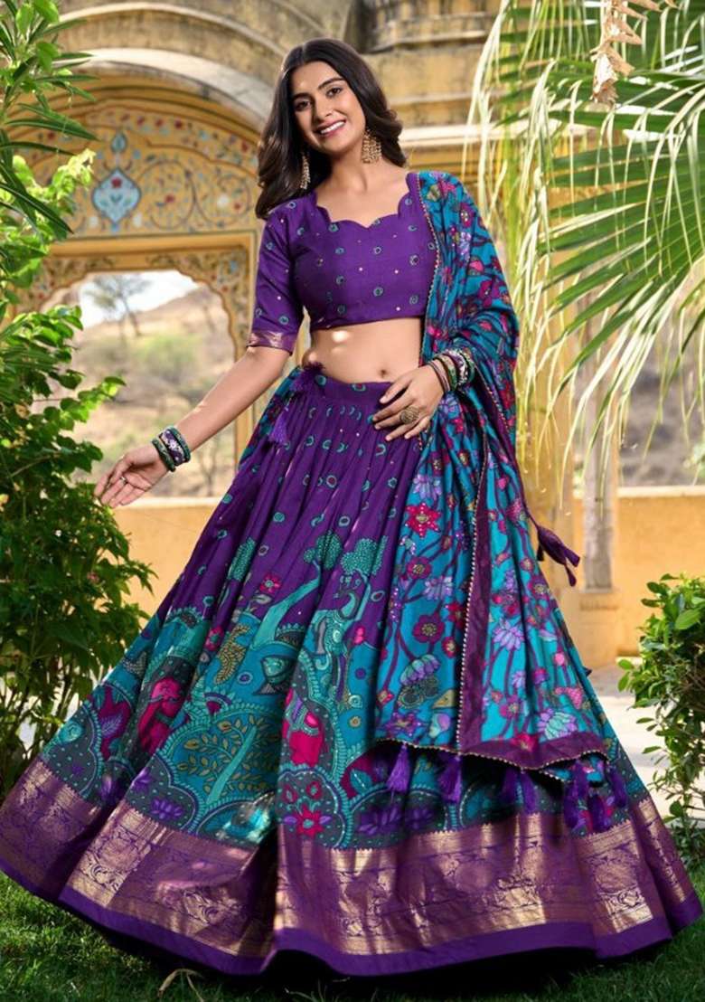 Purple Printed Silk Lehenga Set for Diwali and Festive Wear - Indya