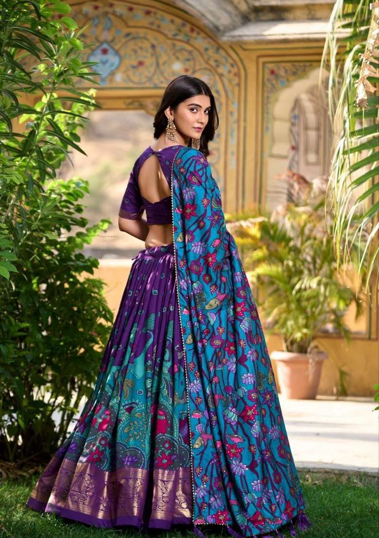 Purple Printed Silk Lehenga Set for Diwali and Festive Wear - Indya