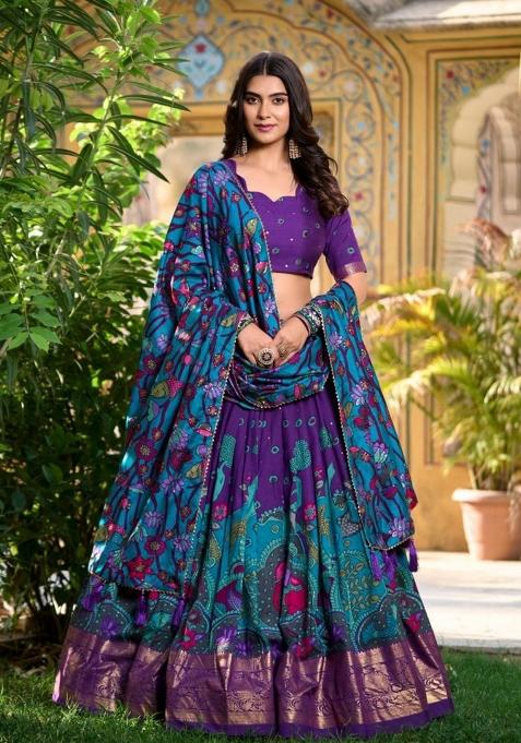Purple Printed Silk Lehenga Set