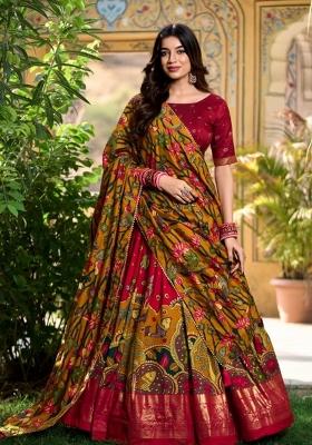 Red Printed Silk Lehenga Set