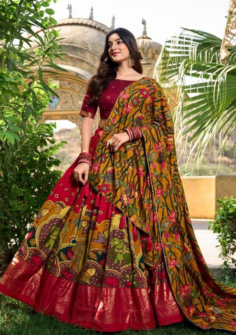 Red Printed Silk Lehenga Set - Indya
