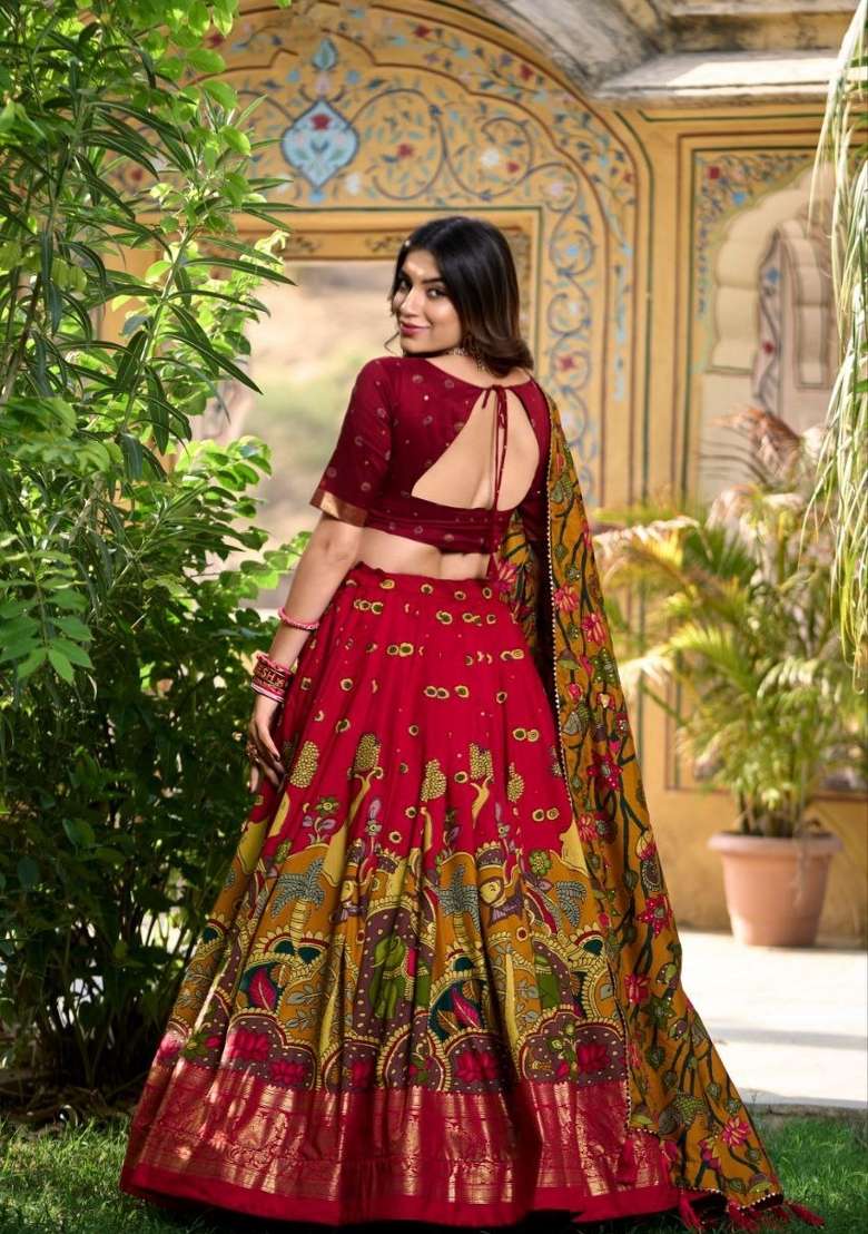 Red Printed Silk Lehenga Set - Indya