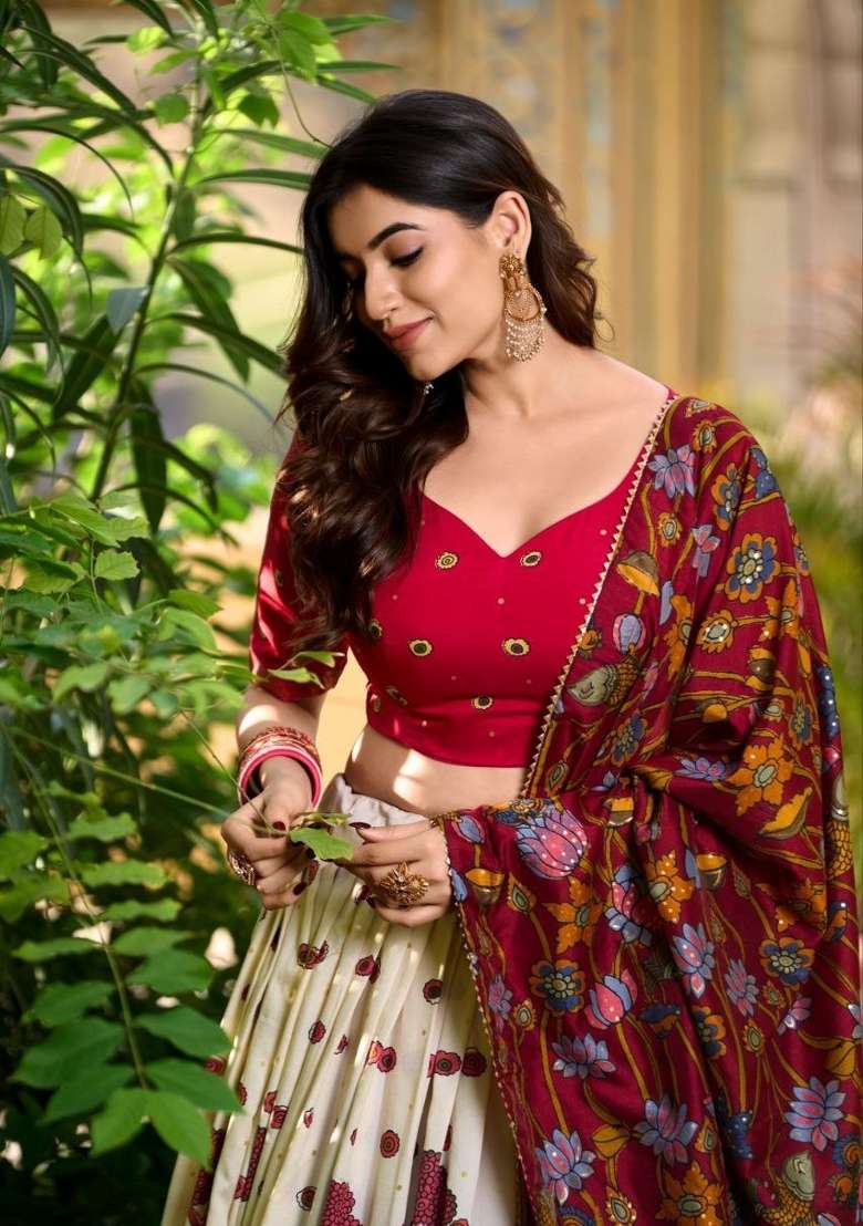 White Printed Silk Lehenga Set for Diwali and Festive Wear - Indya