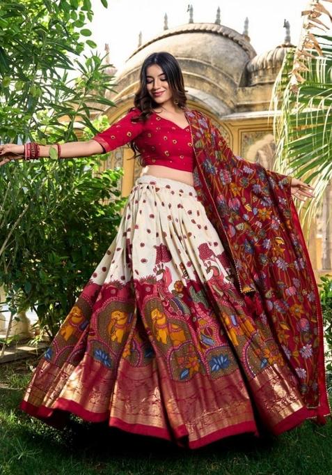 White Printed Silk Lehenga Set