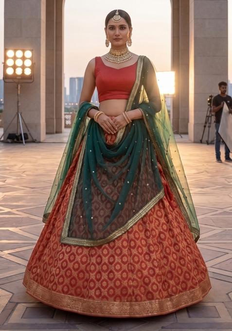 Red Woven Design Silk Lehenga Set