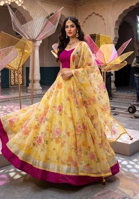 Yellow Printed Linen Lehenga Set