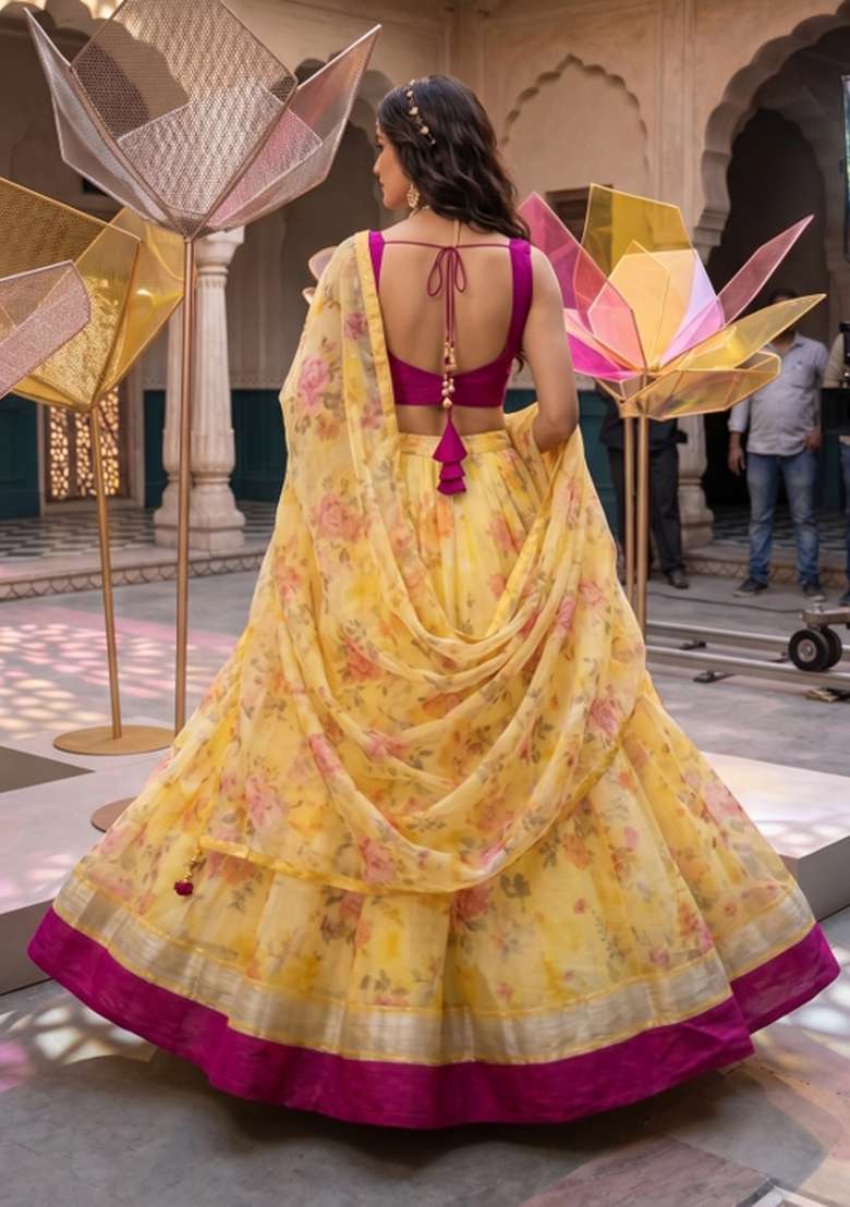 Yellow Printed Linen Lehenga Set for Diwali and Festive Wear - Indya