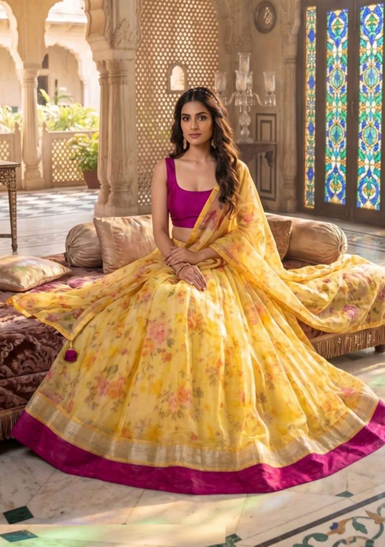 Yellow Printed Linen Lehenga Set for Diwali and Festive Wear - Indya