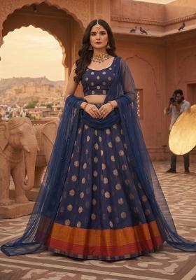 Blue Woven Design Cotton Lehenga Set