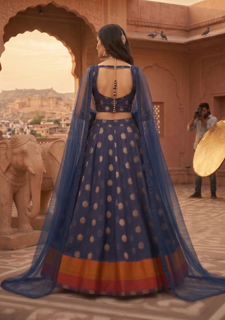 Blue Woven Design Cotton Lehenga Set - Indya