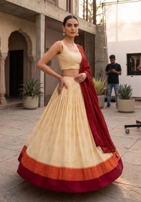 Cream Woven Design Silk Lehenga Set