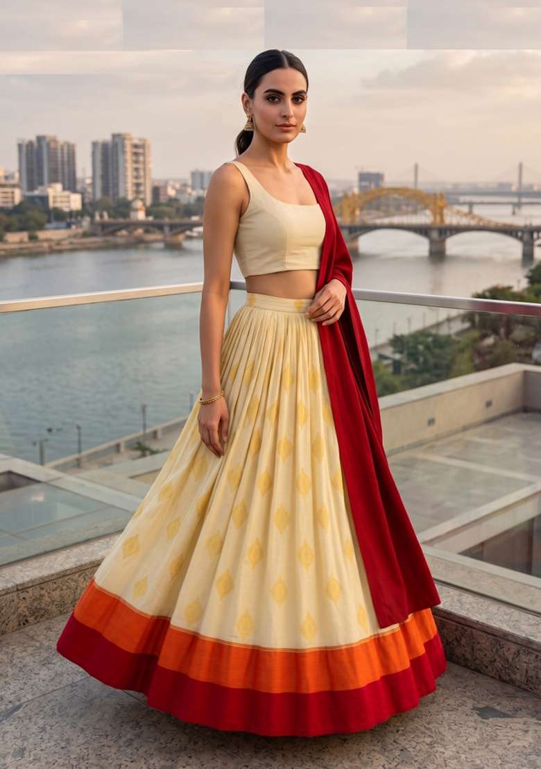 Cream Woven Design Silk Lehenga Set for Diwali | Wedding & Festive Wear - Indya