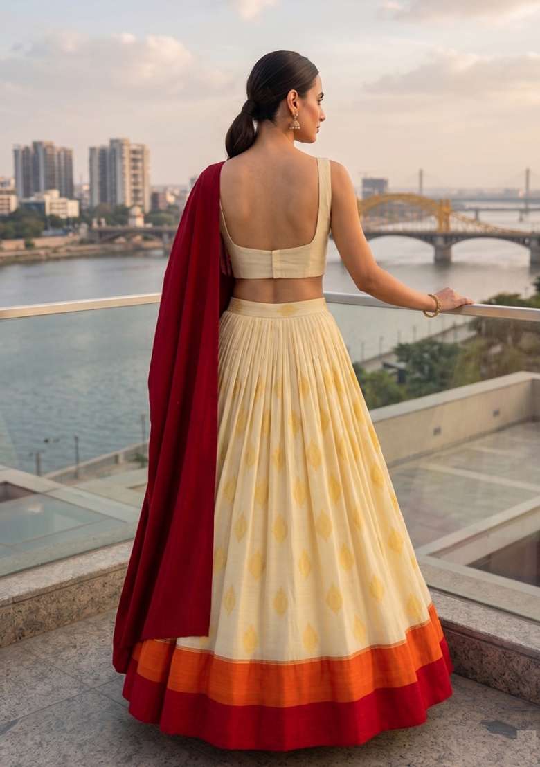 Cream Woven Design Silk Lehenga Set for Diwali | Wedding & Festive Wear - Indya