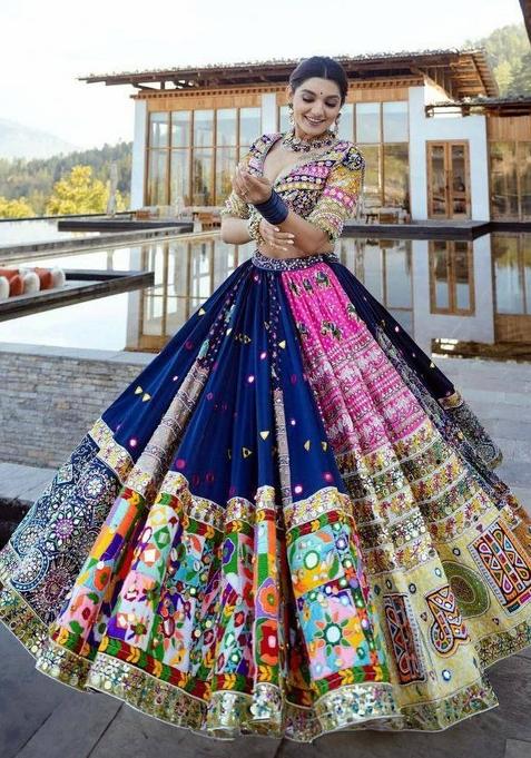 Multicolor Printed Silk Lehenga Set