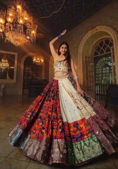 Multicolor Printed Silk Lehenga Set