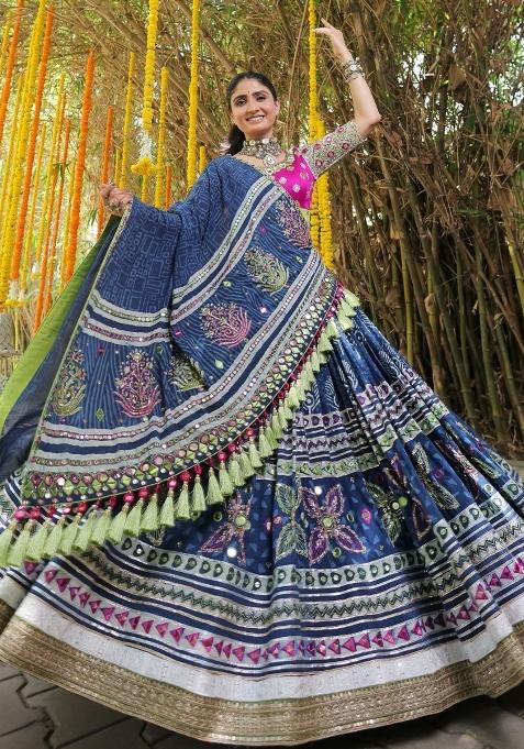 Multicolor Printed Silk Lehenga Set
