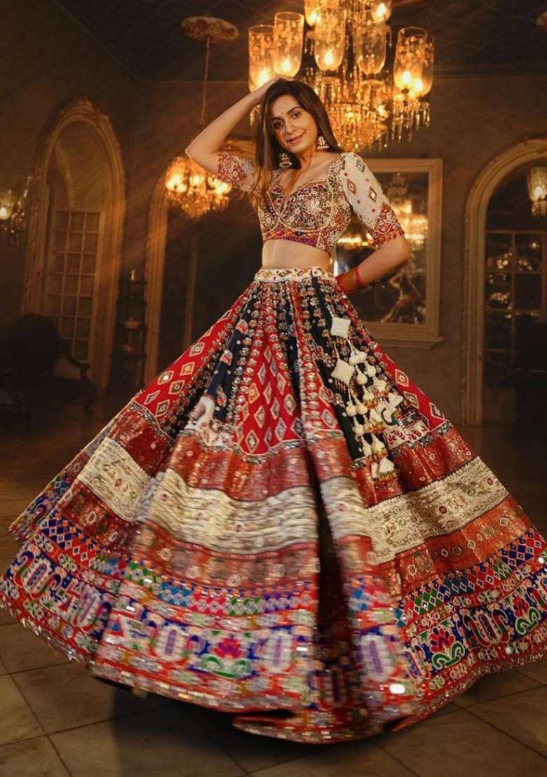Multicolor Printed Silk Lehenga Set for Diwali and Festive Wear - Indya
