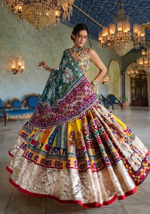 Multicolor Printed Silk Lehenga Set