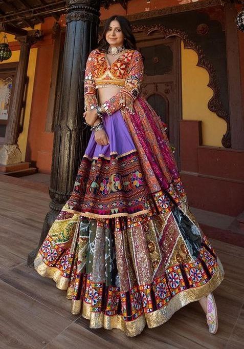 Multicolor Printed Silk Lehenga Set