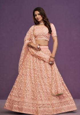 Peach Embroidered Net Lehenga Set