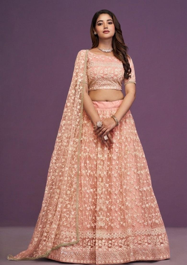 Peach Embroidered Net Lehenga Set - Indya